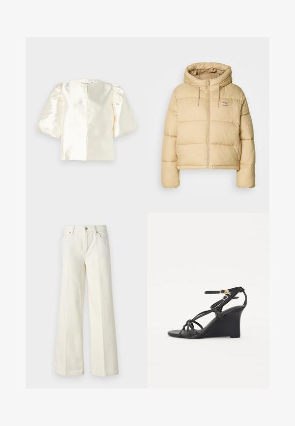 Helebeež puffy jakk, millel on lühendatud disain, lukuga esiosa ja kapuuts. Omab tuhmi tekstuuri ja väikest logo aksenti.; Ebarett satinist blouse puhvvarrukatega, ümarate kaelustega ja sirge selja lukuga. Sile tekstuur ja minimalistlik disain.; Laiad valged teksad, mis on valmistatud puuvilla segust. Omavad lukuga eesmist sulgemist, viie taskuga disaini ning õmblusi pükste saemetes.; Mustad mustad 6-dentiste kootud broneeringud, millel on õhukesed ristuvad rihmad ja reguleeritav pahkluuring, millel on kuldne kinnituskinnitus. Sile nahapind.