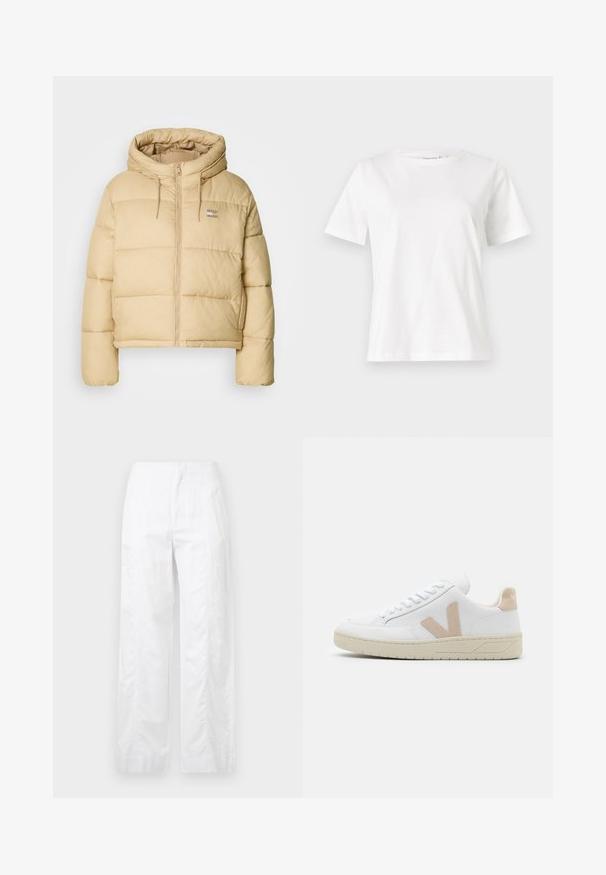 Casaco puffer bege claro com um design cropped, fecho com zip e capuz. Apresenta textura acolchoada e um pequeno logótipo como detalhe.; T-shirt de algodão branco com mangas curtas, decote redondo e um corte descontraído. Textura suave, sem padrões ou detalhes, design minimalista.; Calças brancas de perna larga feitas de um tecido leve, com uma textura suave, linhas limpas e um design de cintura alta.; Sapatilha branca com detalhes em camurça bege, biqueira redonda e atacadores brancos. Sola de borracha texturizada e detalhe do logótipo no calcanhar.