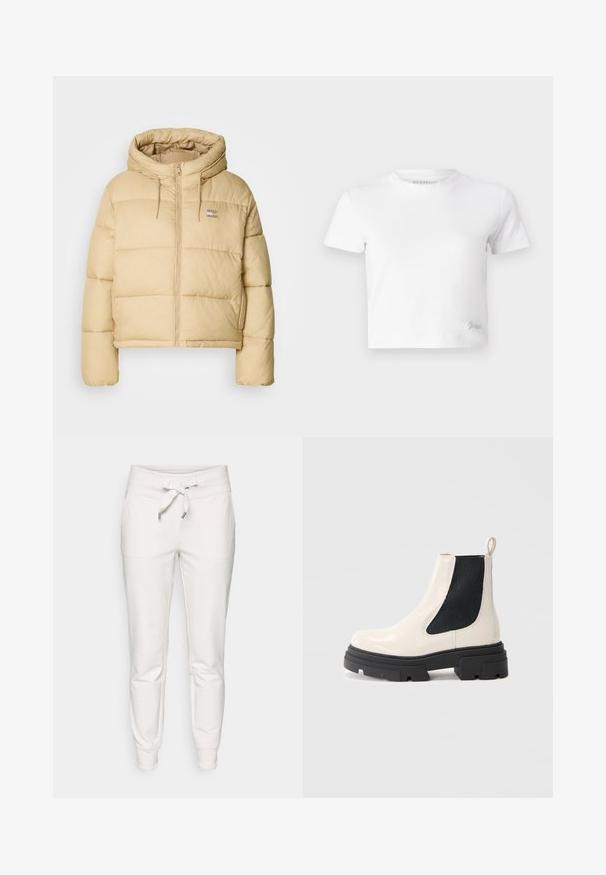 Lys beige boblejakke med cropped design, glidelås foran og hette. Har quiltet tekstur og en liten logo aksent.; Hvit, cropped t-skjorte laget av glatt bomull, med høy hals og korte ermer. Liten brodert logo i nederste hjørne.; Hvite joggebukser laget av mykt stoff, med snor i livet, elastiske mansjetter og to sidelommer for praktisk bruk.; Kremfargede lær Chelsea-støvler med tykk svart såle og elastisk svart sidepanel mot en hvit bakgrunn.