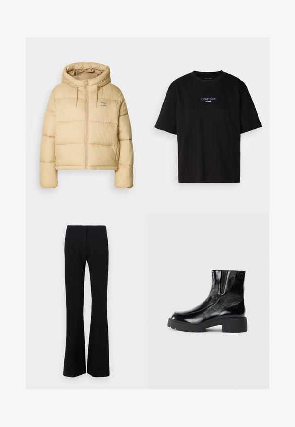 Helebeež puffy jakk, millel on lühendatud disain, lukuga esiosa ja kapuuts. Omab tuhmi tekstuuri ja väikest logo aksenti.; Mustmust särk ümmarguse kaelusega, lühikeste varrukatega ja sinise tikandiga "Calvin Klein JEANS" logo ees.; Mustad laiad püksid venivast kangast, millel on sile tekstuur ja vormitud talje. Ei mingeid nähtavaid sulgemisi ega mustreid.; Mustad mustad tossud läikiva patendi nahaga viimistlusega, jäme musta kummist tald ja kõrgendatud konts; sisaldab külgedel peent logodegust.