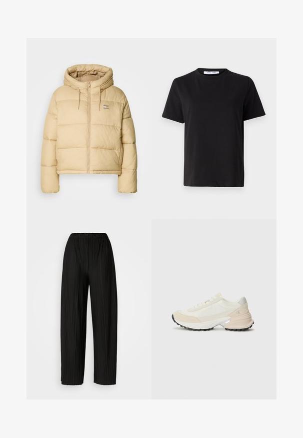 Casaco puffer bege claro com um design cropped, fecho com zip e capuz. Apresenta textura acolchoada e um pequeno logótipo como detalhe.; T-shirt preto de manga curta feito de algodão suave, com decote redondo, ajuste descontraído e uma textura suave. Sem padrões ou gráficos visíveis.; Calças largas de pregas pretas com uma cintura elástica. O tecido apresenta pregas verticais e uma textura suave.; Ténis leves com materiais bege e brancos, um colarinho almofadado, realces de camurça texturizada e sola de borracha preta.
