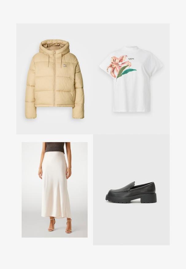 Gai beidžkrāsas pūkains mētelis ar īsu dizainu, ar rāvējslēdzēju priekšā un kapuci. Iekļauj quiltētas tekstūras un nelielu logo akcentu.; Balta kokvilnas T-kreklu ar īsām piedurknēm, kurā kreisajā pusē ir rozā ziedu raksts un zaļas lapas. Virs raksta ir pelēks "Guess" logo.; Kremkrāsas satīna maksi svārki ar gludu tekstūru, kuri sēž pie vidukļa, ar sānu izgriezumu, apvienoti ar zelta strīpām augstiem papēžiem.; Melnas ādas mokasīni ar noapaļotu purngalu, biezs teksturēts zoles un minimālas dūriena detaļas. Gluds dizains bez redzamām auklām vai metāla elementiem.