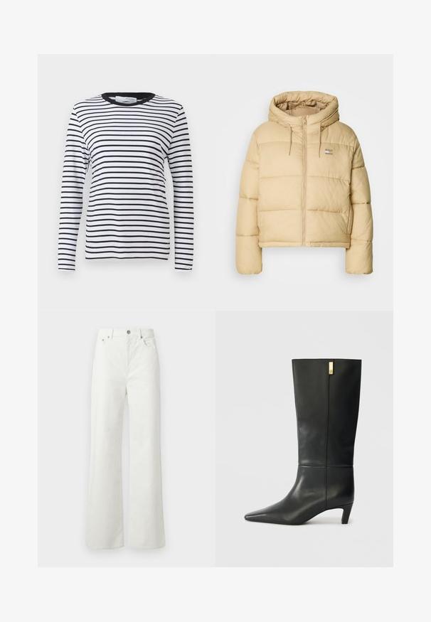 Casaco puffer bege claro com um design cropped, fecho com zip e capuz. Apresenta textura acolchoada e um pequeno logótipo como detalhe.; Camisa de manga longa com riscas horizontais pretas e brancas, decote redondo, feita de tecido macio, apresentando um design limpo sem padrões.; Samsøe Samsøe SHELLY - Calças de ganga de corte relaxado - clear cream; Bota de couro preto até ao joelho com bico fino e um pequeno tacão. Apresenta um design elegante com um detalhe em dourado. Textura suave.