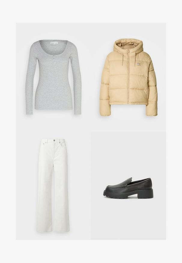 Helle beige Pufferjacke mit einem cropped Design, Reißverschluss vorne und Kapuze. Hat eine gesteppten Textur und ein kleines Logo-Details.; Langärmliges graues Oberteil aus weichem, strukturiertem Stoff. Verfügt über einen runden Halsausschnitt und drei funktionale Knöpfe in der Mitte vorne.; Samsøe Samsøe SHELLY - Jeans Relaxed Fit - clear cream; Schwarze Lederloafer mit einer abgerundeten Spitze, dicker strukturierten Laufsohle und minimalen Nähten. Schlankes Design ohne sichtbare Schnürsenkel oder Beschläge.