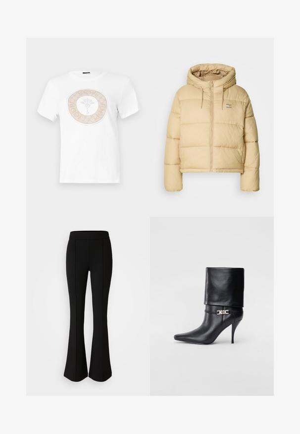 Lichtbeige pufferjack met een cropped ontwerp, ritssluiting aan de voorkant en een capuchon. Heeft een gewatteerde textuur en een klein logo-accent.; Witte katoenen t-shirt met een ronde beige logoontwerp met een bloemenmotief in het midden en tekst rond de rand.; Zwarte flared broek gemaakt van een rekbaar materiaal met een gladde textuur, met naaddetails aan de voorkant voor extra ontwerp.; Zwarte leren enkelboot met een spitse neus, hoge stilettohak, opgevouwen manchet en een gouden decoratieve gespdetails op de enkel.