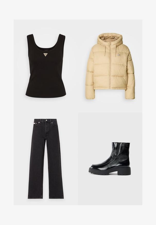 Helebeež puffy jakk, millel on lühendatud disain, lukuga esiosa ja kapuuts. Omab tuhmi tekstuuri ja väikest logo aksenti.; Must mustriga tank top, millel on ümmargune kaelus ja väike kolmnurkne hõbedane logo keskosa ees. Sobiva istuvusega, ilma varrukateta.; Mustad laiad mustad teksad, millel on kõrge vöökoht, viie tasku stiil ja metallist nööpkinnitus kontrastsete õmblustega.; Mustad mustad tossud läikiva patendi nahaga viimistlusega, jäme musta kummist tald ja kõrgendatud konts; sisaldab külgedel peent logodegust.