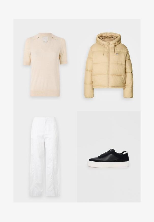 Svetlo bež puffa jakna s skrajšano zasnovo, z zadrgo na sprednji strani in kapuco. Ima prešito teksturo in majhen logotip kot akcent.; Kratka polo majica v kremni barvi, izdelana iz mehke tkanine, z V-izrezom in subtilnim dizajnom ovratnika.; Bela široka hlače iz lahkega materiala, ki se ponašajo z gladko teksturo, čistimi linijami in visokim pasom.; Črne športne copate z gladko usnjeno in semišnimi paneli, ravnimi vezalkami, zaobljenim nosom in belim gumijastim podplatom. Oznaka na peti.