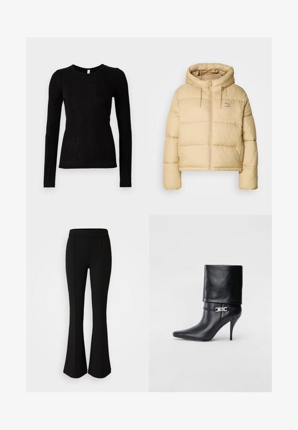 Helle beige Pufferjacke mit einem cropped Design, Reißverschluss vorne und Kapuze. Hat eine gesteppten Textur und ein kleines Logo-Details.; Samsøe Samsøe DOU - Langarmshirt - black; Schwarze, ausgestellte Hose aus einem dehnbaren Material mit glatter Textur, ausgestattet mit Nahtdetails an der Vorderseite für ein zusätzliches Designelement.; Schwarze Leder-Ankle-Boots mit spitzer Zehenpartie, hohen Stiletto-Absätzen, umgeschlagenem Schaft und einem goldenen dekorativen Schnallen-Detail an der Knöchel.