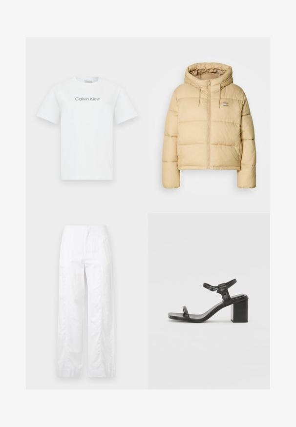Helebeež puffy jakk, millel on lühendatud disain, lukuga esiosa ja kapuuts. Omab tuhmi tekstuuri ja väikest logo aksenti.; Valge puuvillane T-särk, millel on ümar kaelus ja lühikesed varrukad. Rinnal on hall tekst "Calvin Klein".; Valged laiad püksid, mis on valmistatud kergetest materjalidest, omades siledat tekstuuri, puhtaid jooni ja kõrget vöökohta.; Must mustast blokknõgaga sandaalid, millel on lai rihm varvaste kohal ja reguleeritav pahkluurihm, omades stiilset ja minimalistlikku disaini.