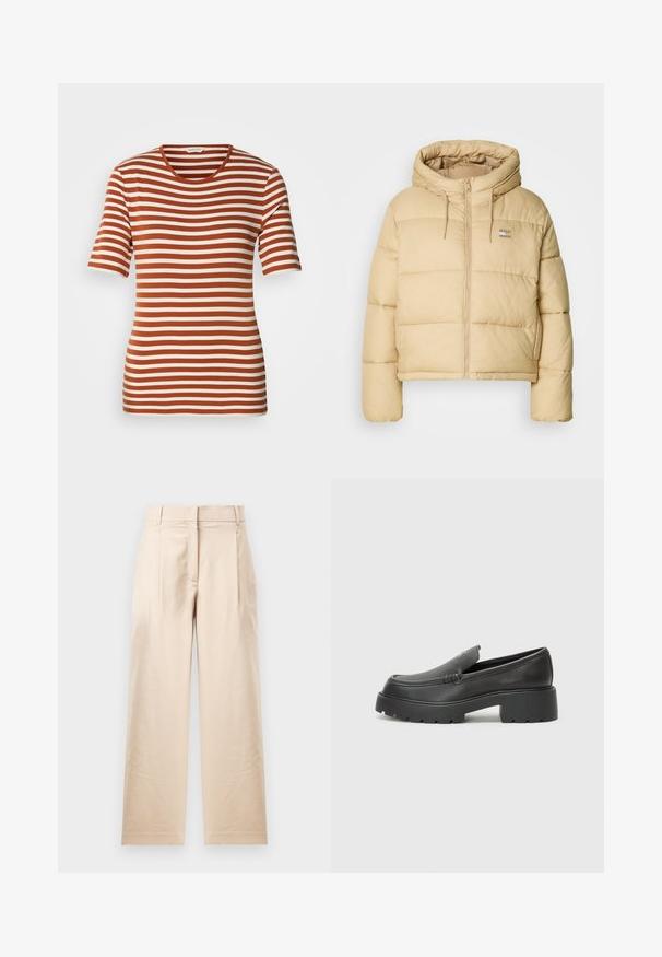 Világos bézs színű, cropped fazonú puffermellény, cipzáros elől és kapucnival. Téglalap alakú textúra és egy kis logó részlet jellemzi.; Csíkos póló, váltakozó rozsdabarna és krém színekkel, rövid ujjak, kerek nyakkivágás, és puha, texturált anyag.; Krémszínű nadrág sima anyagból. Közvetlen szabású, lapos elülső résszel és két redővel rendelkezik. Nincsenek látható minták vagy fémalkatrészek.; Fekete bőr loafer cipők kerek orral, vastag, texturált talppal és minimális varrási részletekkel. Áramvonalas dizájn, látható fűzők vagy fém részek nélkül.