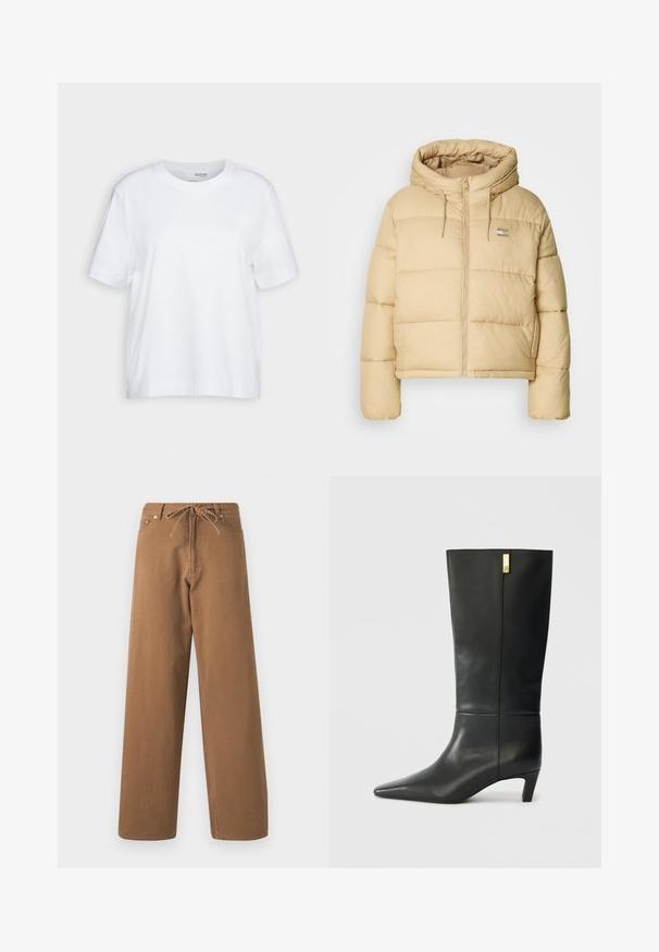 Lys beige boblejakke med cropped design, glidelås foran og hette. Har quiltet tekstur og en liten logo aksent.; Hvit kortermet t-skjorte, rund hals, laget av myk, glatt bomullsstoff, med rett nederkant og minimal detaljer. Enkel og allsidig design.; Brune brede bukser laget av bomull, med snor i midjen og to fron lommer. Teksturert stoff med en glatt overflate.; Sorte lærknæhøje støvler med spids tå og en lille hæl. Har et strømlinet design med en gylden accentdetalje. Glat tekstur.