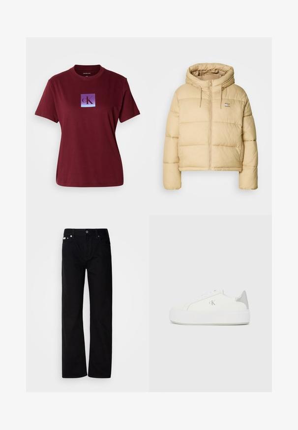 Lys beige boblejakke med cropped design, glidelås foran og hette. Har quiltet tekstur og en liten logo aksent.; Burgunderfarget bomull T-skjorte med et firkantet logo med en gradient fra lilla til blå bakgrunn, og bokstaven "cK" i mørk lilla.; Svart denim rettfittede bukser med fem lommer, sølvnitter og knappestolpe. Stoffet har en glatt, lett teksturert overflate.; Hvite kanvas sneakers med en tykk hvit såle, med en metallisk sølvfarge aksent på hælen og subtile logo detaljer på siden.