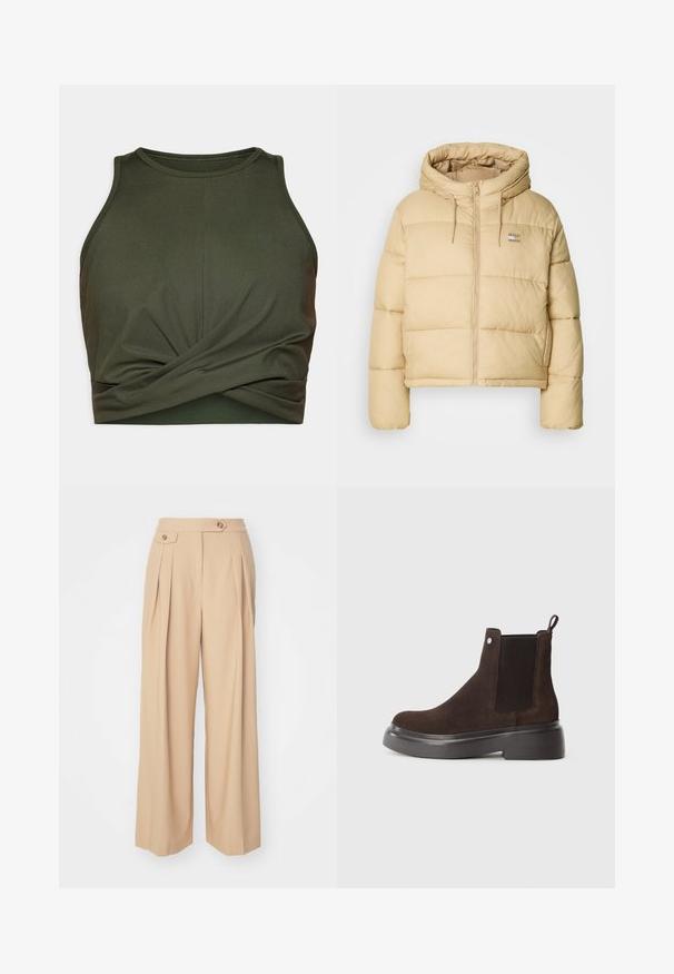 Helebeež puffy jakk, millel on lühendatud disain, lukuga esiosa ja kapuuts. Omab tuhmi tekstuuri ja väikest logo aksenti.; Tume roheline sporditop, mis on valmistatud venivast kangast. Omab ümarat kaelust ja kokku tõmmatud detaili allääres.; Beežid laiad püksid kahe esikortsuga, kahe nööbiga vöökoht, millel on sile ja tekstureeritud kangas. Nähtavad taskud puuduvad.; Pruun nubukist pahkluu saabas, elastsete külgpanelidega, tõmbeaasiga ning paksu musta kummitaldaga. Omab siledat, mati tekstuuri.