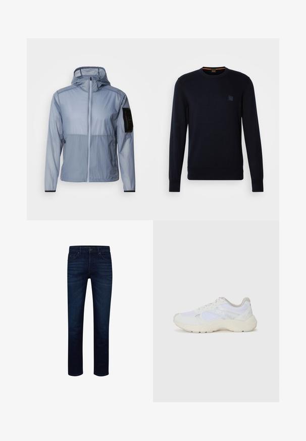 Světle modrá, lehká bunda s plným zipem, nastavitelnou kapucí a černou kapsou na levém rukávu. Hladká textura a minimalistický design.; Tmavě modrý pletený svetr s dlouhými rukávy, kulatým výstřihem, ribbovanými manžetami a lemem, s malou čtvercovou nášivkou loga na hrudi.; Tmavě modré džíny z denimu se rovný střihem, předním zapínáním na knoflík a standardním designem s pěti kapsami.; Bílé sportovní boty vyrobené z síťoviny a semiše, s texturovanou mezipodešví, texturovanými akcenty a logem "HUGO" na boku.