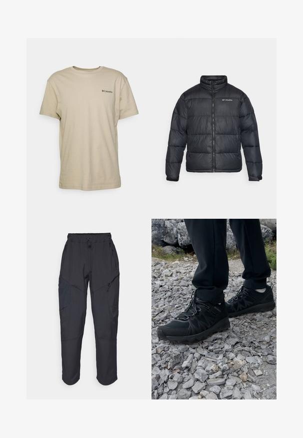 Crni puffer jakna s visokim ovratnikom, patentnim zatvaračem i elastičnim manžetama. Sadrži šivane kvadrate s ušivenim slojevima i Columbia logotip na prsima.; Bež majica od pamuka s kratkim rukavima, okruglim izrezom i malim crnim logotipom na lijevoj strani prsnog područja. Glatka tekstura, ležeran dizajn.; Crne cargo hlače izrađene od laganog, vodootpornog materijala; imaju elastičnu utakmicu u struku, više munje na džepovima i sužene nogavice.; Crne vanjske cipele s mrežastim i sintetičkim materijalom, s teksturiranim gornjim dijelom, osiguranim sustavom vezanja i čvrstim potplatom, na stjenovitom terenu.
