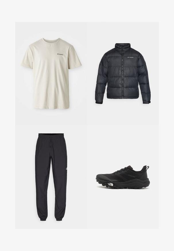 Zwarte pufferjack met een hoge kraag, ritssluiting en elastische manchetten. Kenmerkt gestikte quiltsecties en een Columbia-logo op de borst.; Beige katoenen T-shirt met korte mouwen, ronde hals en een klein zwart logo op de linkerborst. Glad, ongeversierd stof.; Zwarte sportieve broek gemaakt van lichtgewicht stof, met een trekkoord in de taille, zijzakken en taps toelopende boorden bij de enkels.; Zwarte trailrunning schoen met een gestructureerde bovenkant, rubberen zool en versterkte neus. Voorzien van een gevoerde kraag en een trekhaak voor eenvoudig aan- en uittrekken.
