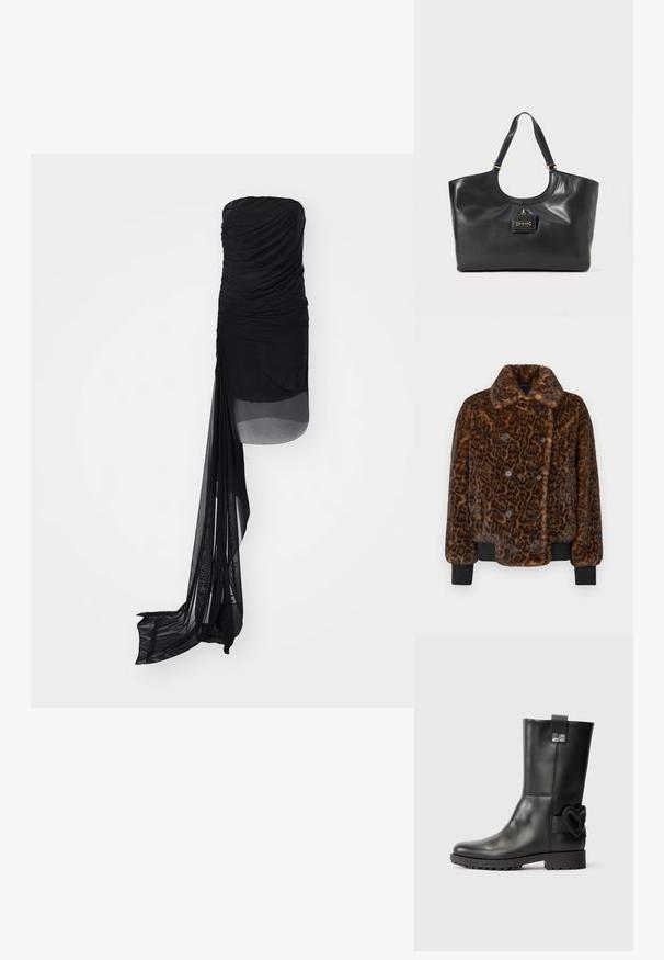 Hnedý leopardí vzorovaný kožúšok z umelého kožucha s dvojradovým zapínaním, golierom a čiernymi vystuženými manžetami. Textúrovaný, jemný povrch.; Čierne šaty bez ramienok s riasenou látkou, ktoré majú priesvitný overlay a predĺžený, splývavý panel na jednej strane. Hladká textúra po celom obvode.; Čierne kožené čižmy po členky s robustnou podrážkou, s nálepkou "Love Moschino" blízko vrchu a ozdobou v tvare srdca na vonkajšej strane pri päte.; Čierna kožená taška cez rameno s lesklým povrchom, zakriveným vrchom, dvoma ramennými popruhmi a zlatým kovovým detailom na prednej strane.