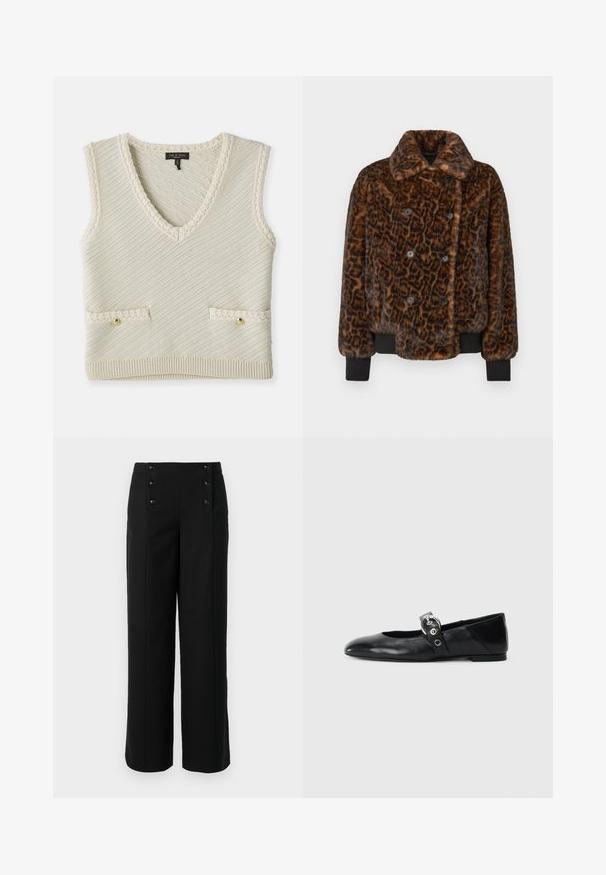 Brun leopardmønstret faux fur jakke med dobbelbrystede knapper, krave og sorte ribbede mansjetter. Tekstureret, blød finish.; Strikket ærmeløs vest i creme med V-hals, der har diagonal tekstur, to forlommer med guldknapper og strikkede kantdetaljer.; Sorte bukser med brede ben lavet af glat stof, der har høj talje og fem frontknapper til lukning. Elegant, skræddersyet design.; Sorte læder balletflade med spids tå, udstyret med en rem med en cirkulær metallisk spænde og en flad sål.