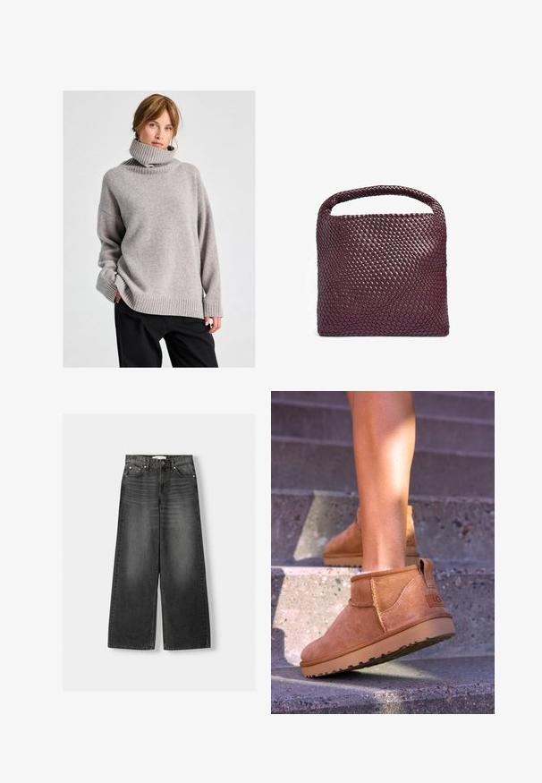 NA-KD - Klasyczny płaszcz; Kobieta z jasnobrązowymi włosami, ubrana w luźny szary sweter z wysokim kołnierzem i czarne spodnie, stojąca na tle jasnego jednolitego tła.; Jeans w szerokich nogawkach i wysokim stanem w ciemnoszarym denimp. Posiadają pięć kieszeni, metalowe nity i szlufki na pasek. Gładka tekstura z lekkim wyblaknięciem.; Brązowe zamszowe botki za kostkę o miękkiej teksturze, z przeszyciami i gumową podeszwą, wyposażone w pętelkę na pięcie dla łatwego zakładania.; Woven leather handbag w głębokim burgundowym kolorze, w kształcie kwadratu, z zaokrąglonym uchwytem i teksturowanym wzorem na powierzchni. Minimalistyczny design.