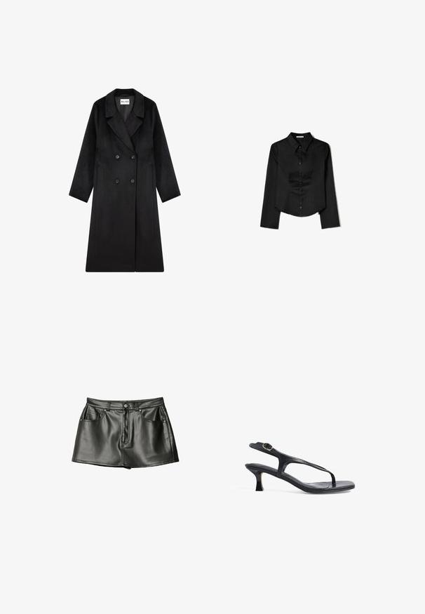 NA-KD Klassischer Mantel - black; Schwarzes Langarmshirt aus glattem Stoff, mit spitzem Kragen, vorderem Knopfverschluss und einem gekürzten Saum mit seitlichen Schlitzen.; Schwarzer Minirock aus Leder mit glatter Textur, ausgestattet mit zwei Fronttaschen und metallenen Knopfdetails. Kurze Länge und klassischer Schnitt.; Schwarze Ledersandale mit schlankem Design, dünnen Riemen und einem kleinen Absatz. Verfügt über eine Schnallenakzent und eine glatt strukturierten Fußbett.