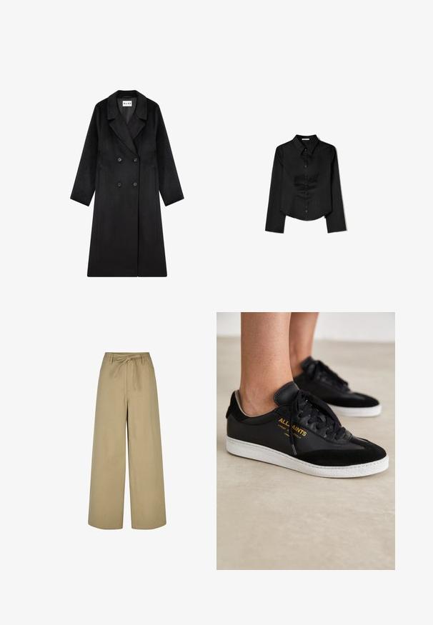 NA-KD Klasický kabát - black; Čierna košeľa s dlhým rukávom vyrobená z hladkej látky, s špicatým golierom, predným zapínaním na gombíky a skráteným lemom so bočnými rozparkami.; Béžové široké nohavice s vysokým pásom, sťahovacou šnúrkou a dvoma bočnými vreckami, vyrobené z hladkej, ľahkej tkaniny.; Čierne kožené a semišové sneakers s bielymi gumovými podrážkami. Obsahujú tónové šnúrky a zlaté logo na strane. Plochý dizajn.