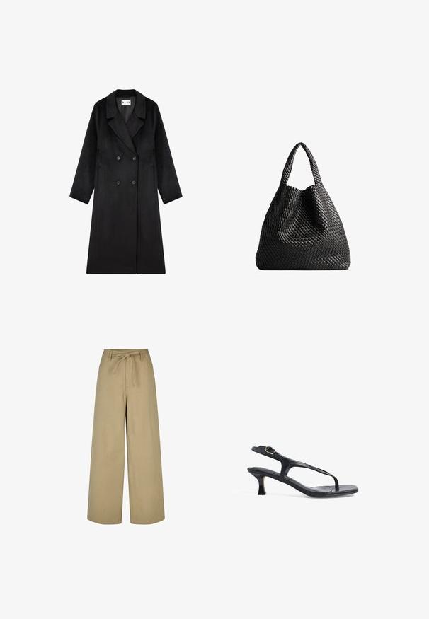 NA-KD Manteau classique - black; Chemise noire à manches longues en tissu lisse, avec un col pointu, une fermeture à boutons à l'avant et un ourlet court avec des fentes latérales.; Pantalons larges beiges à taille haute, avec un lien de serrage et deux poches latérales, fabriqués dans un tissu lisse et léger.; Sandale en cuir noir au design épuré, avec des fines lanières et un petit talon. Dispose d'une boucle décorative et d'une semelle intérieure lisse.; Sac fourre-tout noir tissé avec deux poignées. Texture douce, design moelleux et grande forme arrondie. Pas de quincaillerie ni d'accents visibles.