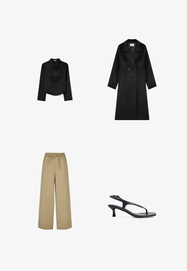 NA-KD Cappotto classico - black; Camicia nera a maniche lunghe realizzata in tessuto liscio, con colletto a punta, chiusura frontale con bottoni e orlo accorciato con slit laterali.; Pantaloni beige a gamba larga con vita alta, lacci da annodare e due tasche laterali, realizzati in un tessuto leggero e morbido.; Sandal in pelle nera con design sottile, cinghie sottili e un tacco piccolo. Presenta un accento con fibbia e una soletta liscia e texturizzata.