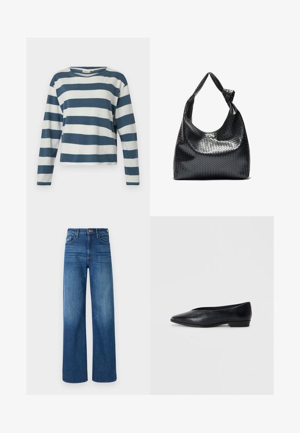 NA-KD Classic coat - black; TOM TAILOR DENIM STRIPED WITH BUTTONS - Long sleeved top - dusty blue/white; Mother THE LASSO SNEAK - Relaxed fit jeans - dark blue denim; Black leather flat shoe with a pointed toe, slightly raised heel, and smooth surface. Simple design with no visible hardware or patterns.; Black woven leather handbag with a slouchy design, featuring a knotted strap and a small decorative gold stud at the top.