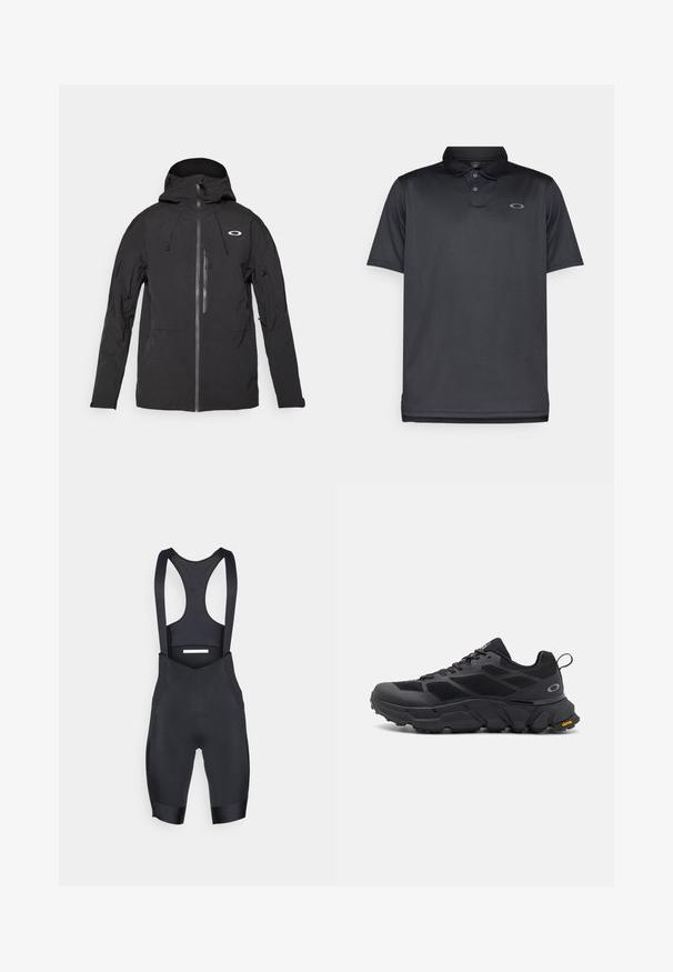 Musta vedenpitävä takki hupulla, etuvetoketjulla, kahdella sivutaskulla ja logolla rintakehässä, joka on varustettu sileällä pinnalla ja ergonomisella suunnittelulla.; Musta poolopaita, joka on valmistettu sileästä kankaasta, jossa on kaulus, kolme nappia, lyhyet hihat ja pieni harmaa logo vasemmassa rinnassa.; Mustat pyöräilyhousut, jotka on valmistettu joustavasta kankaasta. Niissä on säädettävät hihnat, verkkomateriaalia takana ja pehmustettu istuin mukavuutta varten.; Mustat urheilukengät, joissa on paksu pohja, verkkotakki ja synteettinen päällinen, teksturoituja yksityiskohtia ja Vibram-logot pohjassa.