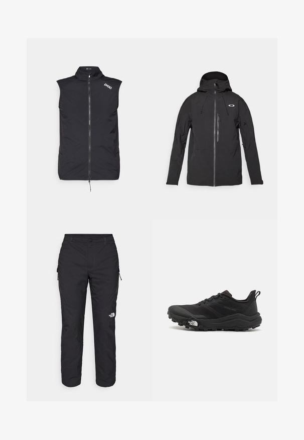 Giacca nera impermeabile con cappuccio, cerniera frontale, due tasche laterali e dettaglio del logo sul petto, caratterizzata da una texture liscia e un design ergonomico.; POC PRO THERMAL VEST - Maglia da ciclista - uranium black; The North Face WINTER EXPLORATION TAPERED CARGO - Pantaloni outdoor - black; Scarpa da trail running nera con tomaia texture, suola in gomma e punta rinforzata. Presenta un collare imbottito e un tassello per un indossamento facile.