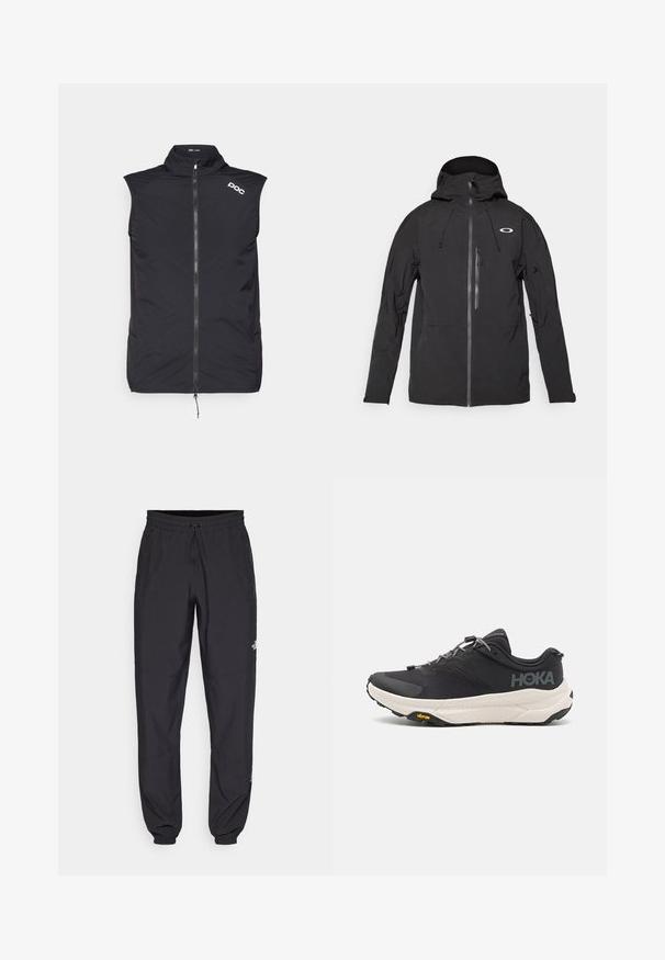 Černá voděodolná bunda s kapucí, předním zipem, dvěma bočními kapsami a logem na hrudi, vyznačující se hladkou texturou a ergonomickým designem.; POC PRO THERMAL VEST - Cyklistický dres - uranium black; Černé sportovní kalhoty vyrobené z lehké tkaniny, s páskem na šňůrku, bočními kapsami a zúženými manžetami na kotnících.; Černá atletická bota s texturovaným svrškem, šedými akcenty, reflexními detaily a silnou bílou podrážkou s logem Vibram.