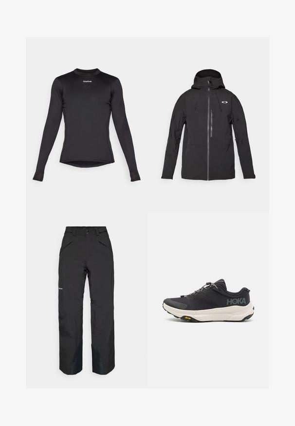 Czarna wodoodporna kurtka z kapturem, z zamkiem z przodu, dwoma bocznymi kieszeniami i detalem logo na klatce piersiowej, charakteryzująca się gładką teksturą i ergonomicznym designem.; Czarna, długosleeve'owa bluzka bazowa z teksturą w kratkę, z okrągłym dekoltem i logo GripGrab na piersi. Delikatnie zwężający się krój z wykończeniem.; Czarne wodoodporne spodnie o prostym kroju, z zamykanymi kieszeniami, wzmocnionymi akcentami na końcach nogawek oraz gładką teksturą.; Czarne sportowe buty z teksturowaną cholewką, szarymi akcentami, odblaskowymi detalami oraz grubą białą podeszwą z oznaczeniem Vibram.