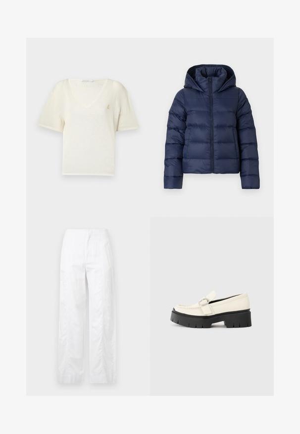 Navy puffer jacket with a hood, featuring a zip closure, quilted design, and warm, insulated material. Suitable for cold weather.; Short-sleeve, V-neck t-shirt in soft cream fabric with a relaxed fit, featuring a small gold emblem on the chest. Smooth texture.; White wide-leg trousers made of lightweight fabric, featuring a smooth texture, clean lines, and a high waist design.; White leather loafer with a chunky black platform sole, featuring a rectangular silver buckle and visible stitching detail on the upper.