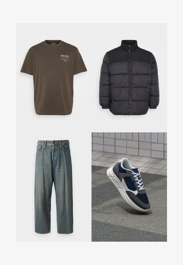 Schwarze Daunenjacke mit hohem Kragen, ausgestattet mit einem Reißverschluss, gestepptem Design und elastischen Bündchen. Das Material wirkt glatt und isoliert.; Braunes T-Shirt mit kurzen Ärmeln aus Baumwolle, mit Rundhalsausschnitt und einem kleinen weißen Grafikdruck auf der linken Seite.; Helle blaue Denim-Jeans mit lockerer Passform, mittelhoher Taille und geraden Beinen. Hat fünf Taschen, Gürtelschlaufen und einen Knopfverschluss.; Sneaker mit einem Obermaterial aus navyblauem Mesh, grauen Wildlederelementen, einer weißen Gummisohle und flachen weißen Schnürsenkeln, entworfen für Komfort und Atmungsaktivität.