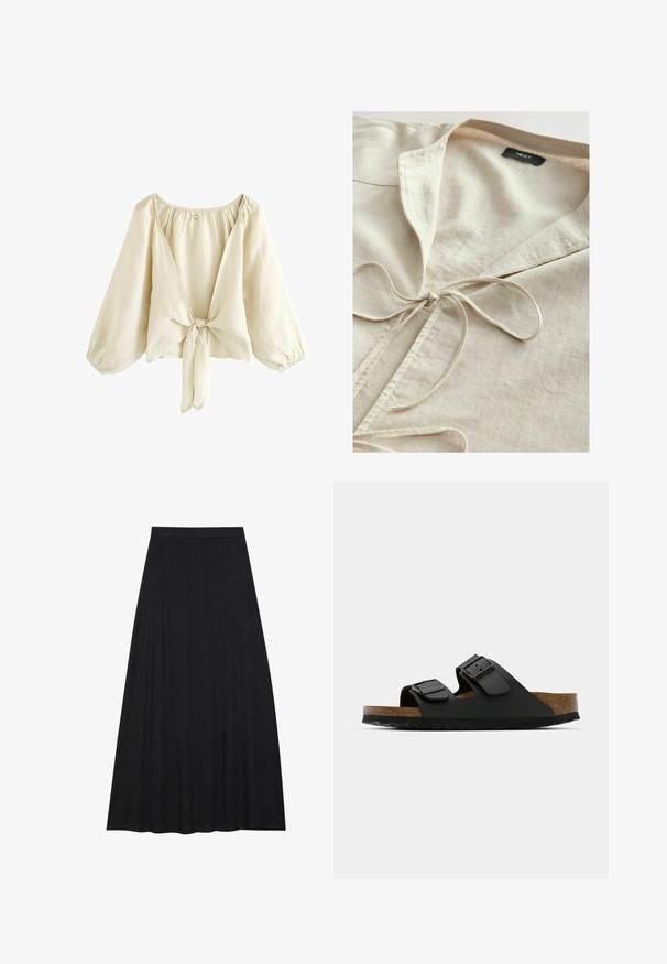 Beige Baumwollhemd mit Kragen und einer detailierten Frontbindeschleife. Weiche Textur, lässiges Design und eine schlichte Ästhetik. Markenlabel innen sichtbar.; Helle beige Bluse aus leichtem Stoff, mit tiefem V-Ausschnitt, Puffärmeln und einer Bindeschließe vorne. Sanfte Textur.; Schwarzer Maxirock aus weichem, fließendem Stoff. Er verfügt über einen elastischen Bund und eine volle, A-Linie Silhouette mit glatter Textur.; Schwarze Sandale mit zwei Riemen und verstellbaren Schnallen, Korkfußbett und strukturiertem Gummiprofil. Hat ein flaches, offenes Design für einfachen Tragekomfort.