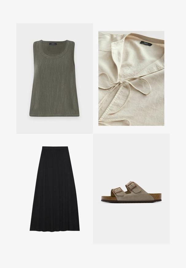 Beige Baumwollhemd mit Kragen und einer detailierten Frontbindeschleife. Weiche Textur, lässiges Design und eine schlichte Ästhetik. Markenlabel innen sichtbar.; Ärmelloses Oberteil in olivgrün mit einem subtilen strukturierten Muster, rundem Ausschnitt und geradem Saum. Hergestellt aus leichtem Stoff.; Schwarzer Maxirock aus weichem, fließendem Stoff. Er verfügt über einen elastischen Bund und eine volle, A-Linie Silhouette mit glatter Textur.; Wildledersandale in Hellgrau mit zwei verstellbaren Schnallen, einer Kork-Zwischensohle und einer strukturierten Gummiaußensohle.