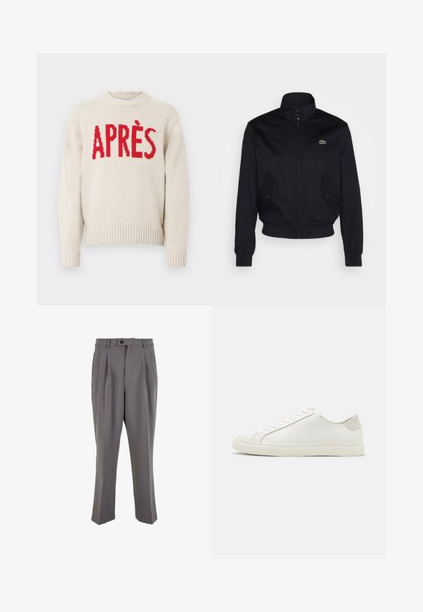 Giacca blu navale con colletto alto, chiusura con zip e due tasche laterali; presenta un logo verde Lacoste sul petto; realizzata in tessuto liscio.; Maglione beige lavorato a maglia con polsini e orlo a costine, caratterizzato da un esplosivo testo rosso "APRÈS" sul petto.; Pantaloni grigi plissettati in tessuto liscio, con taglio dritto, chiusura con un bottone e passanti per cintura. Design minimalista.; Sneaker bianca in pelle con superficie liscia, punta rotonda e design minimalista. Presenta dettagli beige sul tallone e una suola in gomma.