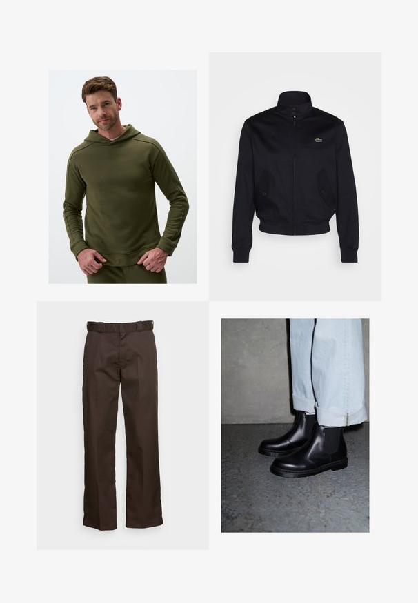 Granatowa kurtka z wysokim kołnierzem, zapinana na zamek błyskawiczny, z dwoma bocznymi kieszeniami; na piersi widoczna zielona aplikacja z logo Lacoste; wykonana z gładkiego materiału.; Oliwkowa bluza z kapturem, wykonana z miękkiego materiału, z długimi rękawami i ściągaczami przy mankietach. Gładka faktura i minimalistyczny design.; Brązowe spodnie o prostym kroju, z płaskim przodem, szlufkami na pasek i gładką fakturą. Prosty design bez wzorów czy akcentów.; Czarne skórzane botki Chelsea z elastycznymi panelami po bokach i teksturowaną gumową podeszwą, zestawione z jasnoniebieskimi jeansami z mankietami.