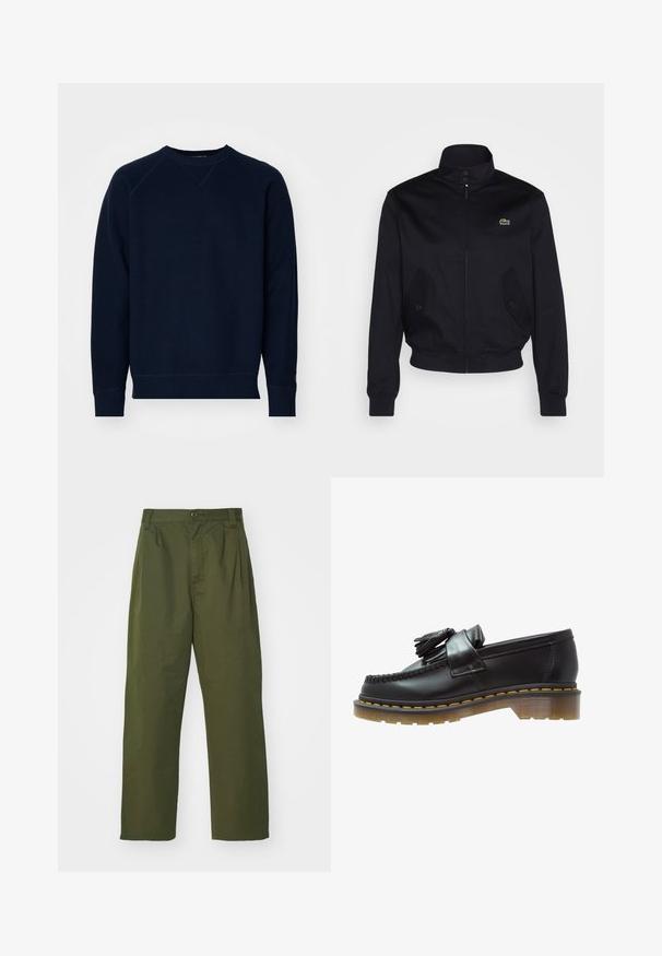 Tumši zila jaka ar augstu apkakli, ar rāvējslēdzēju priekšā un divām sānu kabatām; uz krūtīm ir zaļš Lacoste logo; izgatavota no gludas auduma.; Jūras zilas krūšturis ar strukturētu audumu, ar apaļu kakla izgriezumu un raglāna piedurknēm. Ievērojams ribotas aproces un apakšmalas. Minimāla zīmola identifikācija uz piedurknes.; Olīvzaļas augstas vidukļa bikses ar taisnu kāju dizainu. Izgatavotas no viegla auduma, ar priekšu krokām un pogu aizdari.; Melni ādas loafers ar teksturētu apdari, ar dekoratīvu pušķi un kontrastējošām dzeltenām šuvēm, uz masīvas caurspīdīgas zoles.