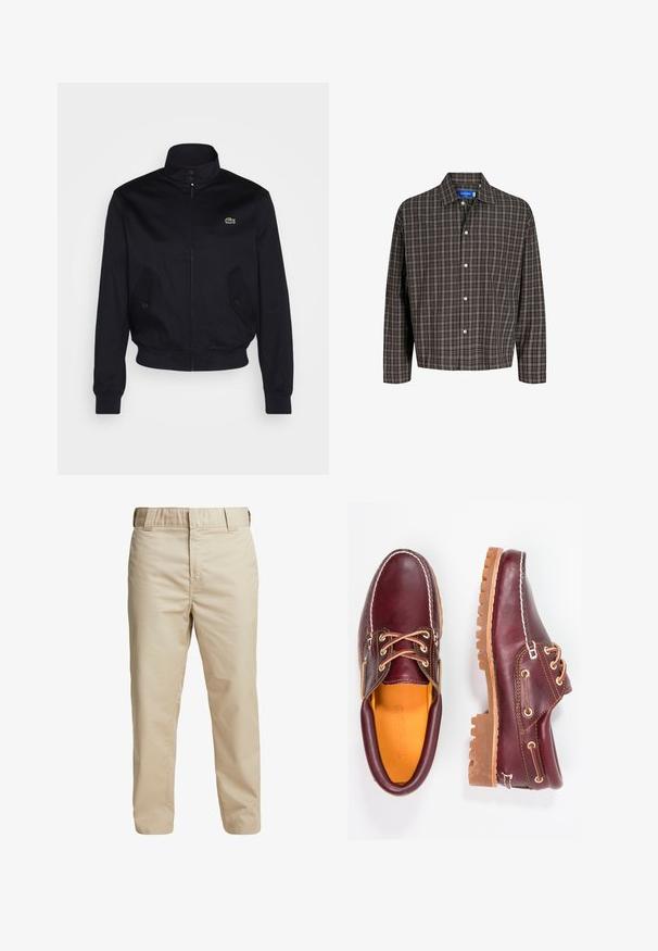 Laivasilkkinen takki, jossa on korkea kaulus, vetoketjukiinnitys ja kaksi sivutaskua; rinnan kohdalla on vihreä Lacoste-logo; valmistettu sileästä kankaasta.; Ruitupaita ruskean ja mustan sävyissä, nappikauluksella ja yhdellä rintataskulla, esillä etualalla valkoista taustaa vasten.; Beige puuvillahousut, joissa on slim fit -leikkaus, suorat lahkeet ja vyölenkit; sileä rakenne ja minimalistinen muotoilu ilman näkyviä yksityiskohtia.; Burgundin nahkakengät ruskeilla kumipohjilla, pyöreällä kärjellä, valkoisella ompelulla ja kultaisilla nauha-aukkoilla. Sisäpuolella on keltainen vuori.