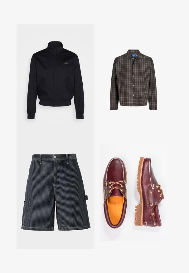 Laivasilkkinen takki, jossa on korkea kaulus, vetoketjukiinnitys ja kaksi sivutaskua; rinnan kohdalla on vihreä Lacoste-logo; valmistettu sileästä kankaasta.; Ruitupaita ruskean ja mustan sävyissä, nappikauluksella ja yhdellä rintataskulla, esillä etualalla valkoista taustaa vasten.; Löysät, puuvillasta valmistetut tummansiniset raidalliset shortsit, joissa on sivutaskut, vyölenkit ja kontrastiväriset valkoiset tikkausdetailit.; Burgundin nahkakengät ruskeilla kumipohjilla, pyöreällä kärjellä, valkoisella ompelulla ja kultaisilla nauha-aukkoilla. Sisäpuolella on keltainen vuori.