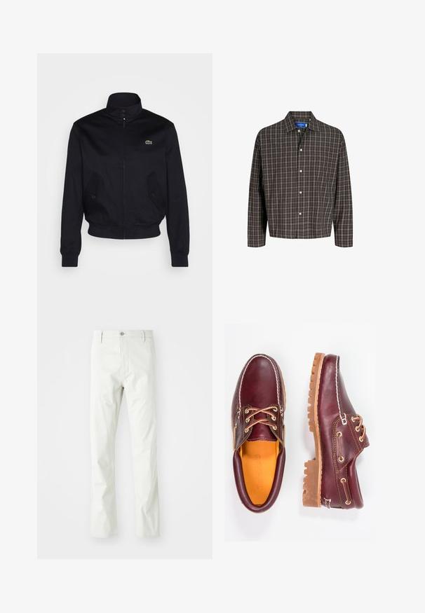 Mornarsko modra jakna z visokim ovratnikom, zadrgo spredaj in dvema stranskima žepoma; ima zeleno Lacoste logo na prsih; izdelana iz gladkega materiala.; Rjava in črna karo srajca z ovratnikom na gumb in enim žepom na prsih, prikazana spredaj na beli podlagi.; Svetlo sivi bombažni hlače s ravnim krojem, ki imajo gumbasto zapiranje, sprednje žepke in subtilno teksturo.; Burgundske usnjene čevlje z rjavimi gumijastimi podplati, okrogla kapica, beli šivi in zlate luknje za vezalke. Notranjost je obložena s rumeno podlogo.