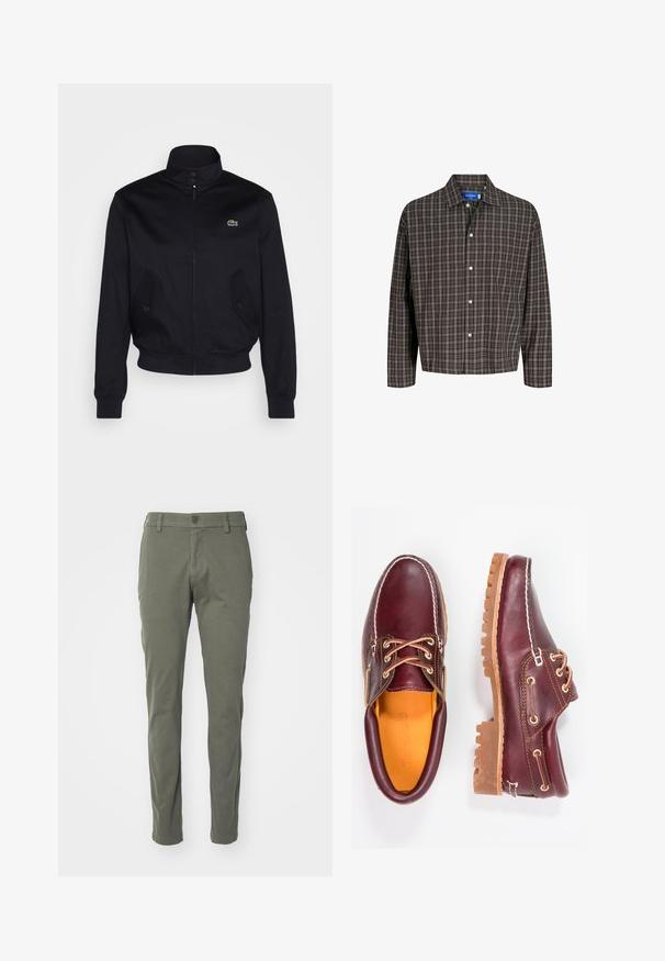 Veste bleu marine avec un col haut, fermeture éclair sur le devant et deux poches latérales ; présente un logo Lacoste vert sur la poitrine ; fabriquée en tissu lisse.; Chemise à carreaux marron et noir avec un col boutonné et une poche poitrine unique, présentée de face sur un fond blanc.; Pantalons verts olive en tissu lisse, dotés d'une fermeture à bouton, de passants de ceinture et d'une coupe droite. Aucun motif ni accent visible.; Chaussures en cuir bourgogne avec semelles en caoutchouc marron, bout rond, couture blanche et œillets dorés. L'intérieur présente une doublure jaune.