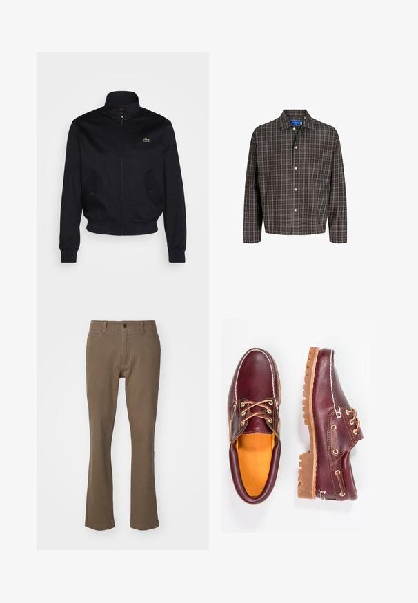 Tumši zila jaka ar augstu apkakli, ar rāvējslēdzēju priekšā un divām sānu kabatām; uz krūtīm ir zaļš Lacoste logo; izgatavota no gludas auduma.; Brūns un melns svītrainais krekls ar pogām uz apkakles un vienu krūšu kabatu, attēlots frontāli uz balta fona.; Brūni taisni bikses, izgatavotas no kokvilnas ar gludu tekstūru, ar pogu aizdari, rāvējslēdzēju un priekšējām kabatām.; Burgundijas krāsas ādas apavi ar brūniem gumijas zole, apaļiem purngalu, baltu šuvumu un zelta caurumiem. Iekšpusei ir dzeltena oderējums.
