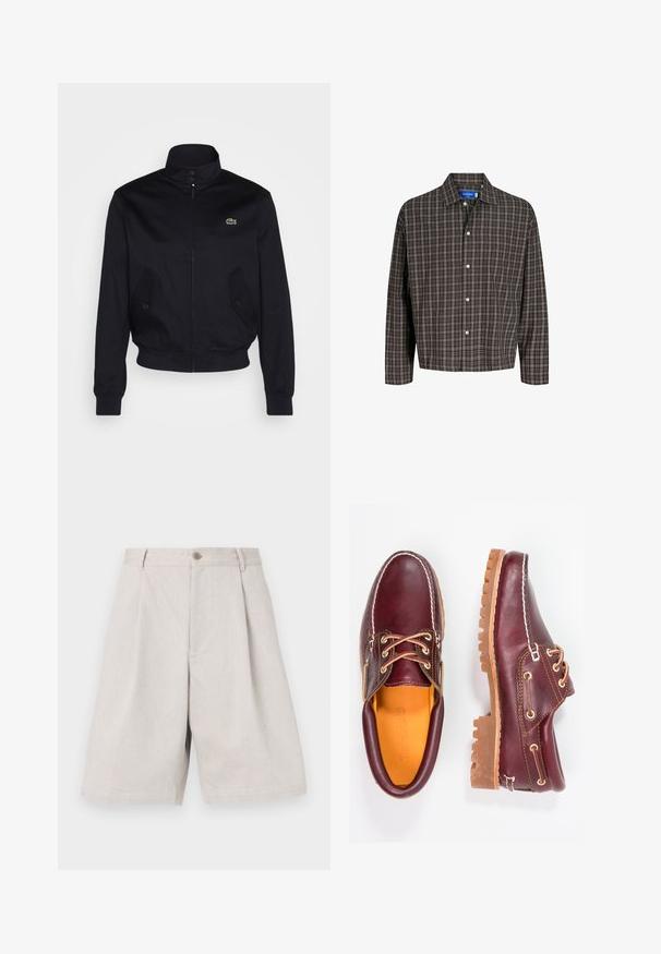 Mornarsko modra jakna z visokim ovratnikom, zadrgo spredaj in dvema stranskima žepoma; ima zeleno Lacoste logo na prsih; izdelana iz gladkega materiala.; Rjava in črna karo srajca z ovratnikom na gumb in enim žepom na prsih, prikazana spredaj na beli podlagi.; Svetlo sivi laneni šorti s širokim krojem, ki vključujejo sprednje zapiranje na gumb in subtilne plise za dodaten teksturiran učinek.; Burgundske usnjene čevlje z rjavimi gumijastimi podplati, okrogla kapica, beli šivi in zlate luknje za vezalke. Notranjost je obložena s rumeno podlogo.