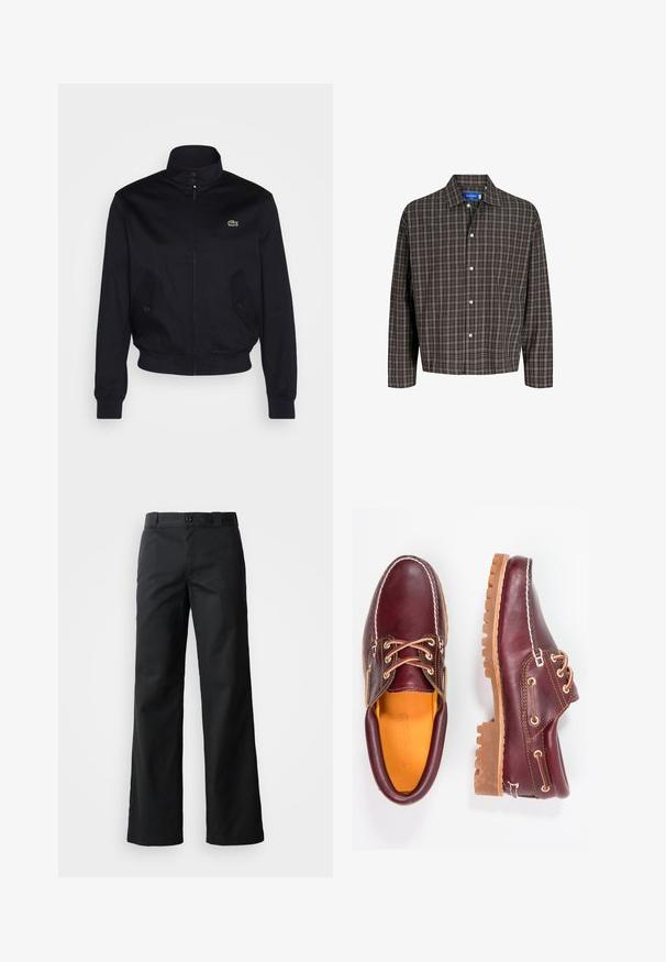 Veste bleu marine avec un col haut, fermeture éclair sur le devant et deux poches latérales ; présente un logo Lacoste vert sur la poitrine ; fabriquée en tissu lisse.; Chemise à carreaux marron et noir avec un col boutonné et une poche poitrine unique, présentée de face sur un fond blanc.; Pantalons larges noirs en tissu lisse. Dotés d'une fermeture à bouton, de passants de ceinture et de poches latérales. Silhouette épurée et ajustée.; Chaussures en cuir bourgogne avec semelles en caoutchouc marron, bout rond, couture blanche et œillets dorés. L'intérieur présente une doublure jaune.