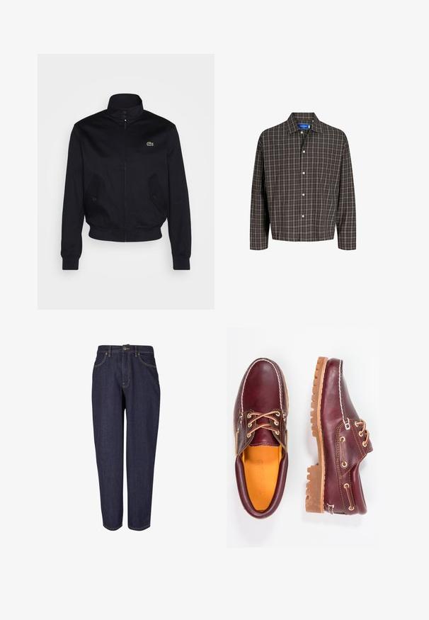 Chaqueta azul marino con cuello alto, cierre delantero y dos bolsillos laterales; presenta un logo verde de Lacoste en el pecho; está hecha de tela suave.; Camisa a cuadros marrón y negro con cuello abotonado y un solo bolsillo en el pecho, mostrada frontalmente sobre un fondo blanco.; Vaqueros de mezclilla oscura con un diseño de pierna recta, que presentan un estilo tradicional de cinco bolsillos, costuras doradas sutiles y un cierre de botón de metal.; Zapatos de cuero burdeos con suelas de goma marrón, puntera redonda, costuras blancas y ojales dorados. El interior cuenta con un forro amarillo.