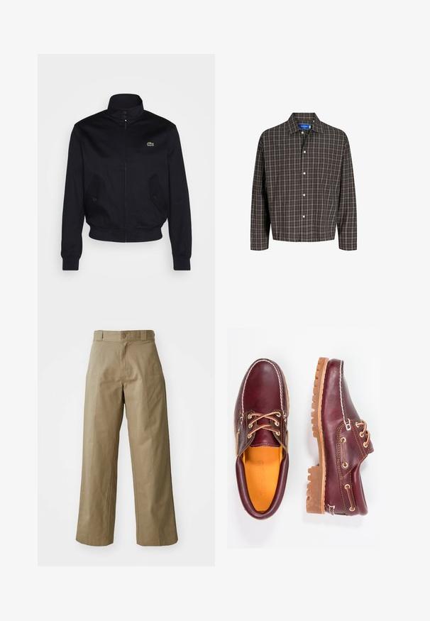 Mornarsko modra jakna z visokim ovratnikom, zadrgo spredaj in dvema stranskima žepoma; ima zeleno Lacoste logo na prsih; izdelana iz gladkega materiala.; Rjava in črna karo srajca z ovratnikom na gumb in enim žepom na prsih, prikazana spredaj na beli podlagi.; Beige široke hlače iz mešanice bombaža, s posamezno gumbno zaponko in vidnimi stranskimi žepi. Gladka tekstura, detajl gub.; Burgundske usnjene čevlje z rjavimi gumijastimi podplati, okrogla kapica, beli šivi in zlate luknje za vezalke. Notranjost je obložena s rumeno podlogo.