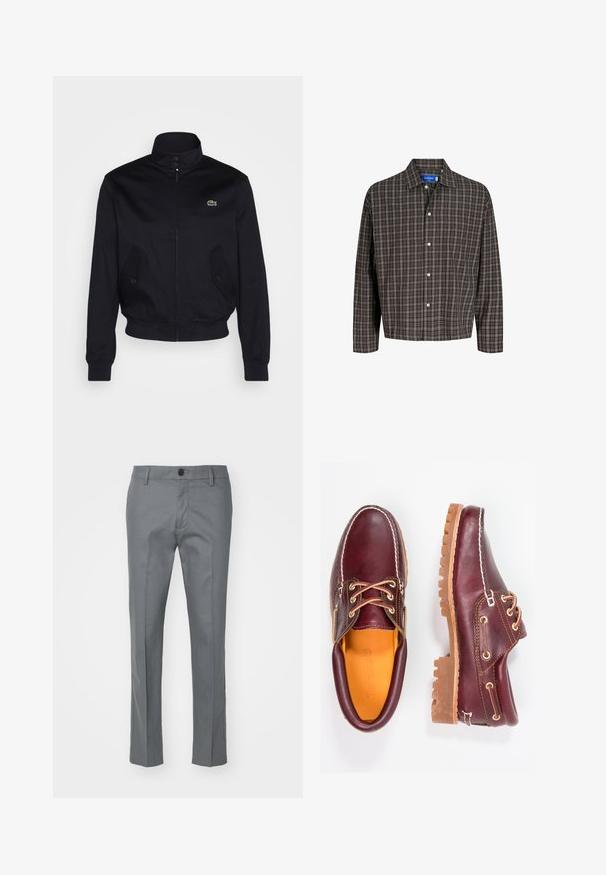 Navy blue jacket with a high collar, zip front, and two side pockets; features a green Lacoste logo on the chest; made of smooth fabric.; Brown and black plaid shirt with a button-down collar and a single chest pocket, displayed frontally against a white background.; Gray trousers made of smooth fabric, with a straight leg design, a single front button, and subtle side pockets for functionality.; Burgundy leather shoes with brown rubber soles, round toe, white stitching, and gold eyelets. Interior features a yellow lining.