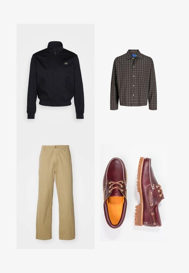 Námornícky modrá bunda s vysokým golierom, zips na prednej strane a dvoma bočnými vreckami; na hrudi sa nachádza zelené logo Lacoste; vyrobená z hladkej tkaniny.; Hnedočierna kockovaná košela s golierom na gombíky a jednou náprsní vreckom, vystavená čelne na bielom pozadí.; Khaki bavlnené nohavice s rovnými nohavicami, s predným zapínaním na gombík a bočnými vreckami. Hladká, pevná textúra.; Bordové kožené topánky s hnedými gumovými podrážkami, okrúhlou špičkou, bielym prešívaním a zlatými kovaniami. Interiér má žlté podšívku.